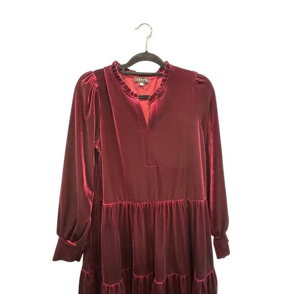 1.State Womens Tiered Peasant Dress Size Large Red Burgundy Velvet Whimsigoth - Picture 8 of 8